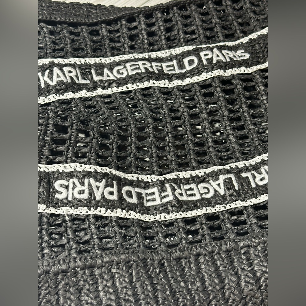 Karl Lagerfeld Paris Antibes Black Woven Straw Tote Bag Logo Straps - Picture 4 of 7